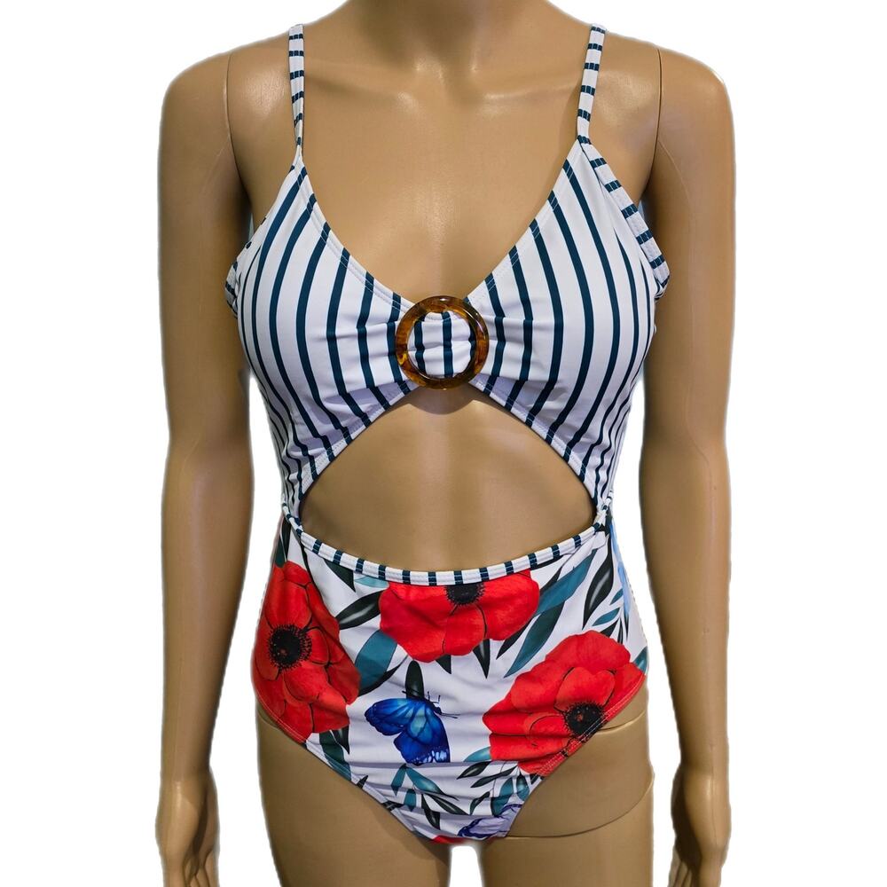Cupshe Striped & Floral Print Cut-Out One Piece Swimsuit Medium